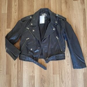 NWT Blue Black 100% Leather Biker Jacket ASOS